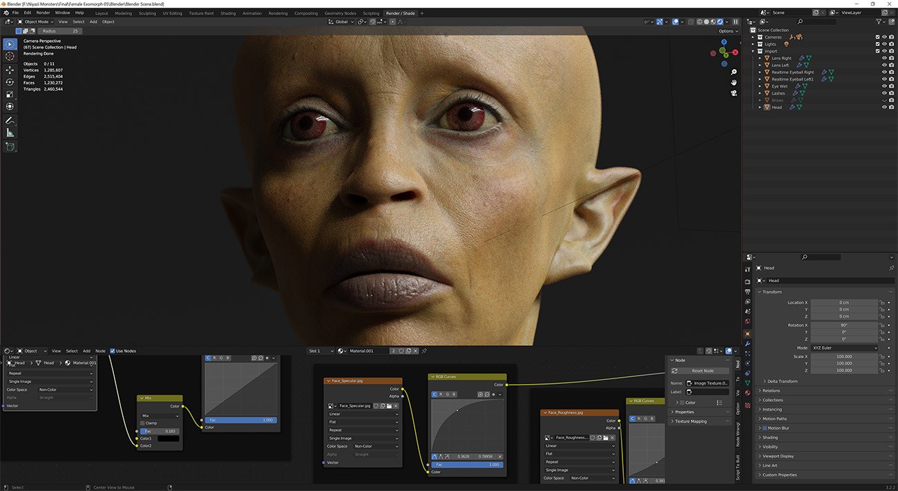 Blender 3d head model photorealistic skin shading